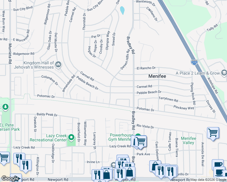 map of restaurants, bars, coffee shops, grocery stores, and more near 29528 Pebble Beach Drive in Menifee