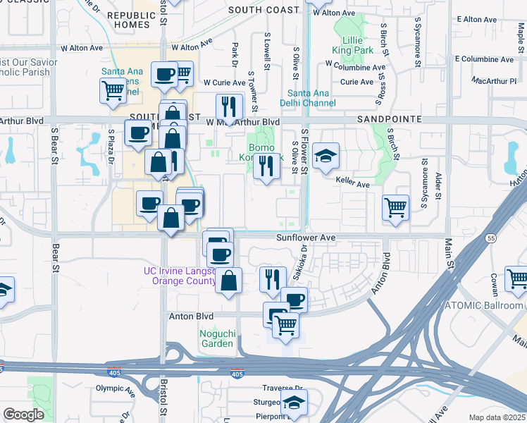 map of restaurants, bars, coffee shops, grocery stores, and more near 805 West Stevens Avenue in Santa Ana