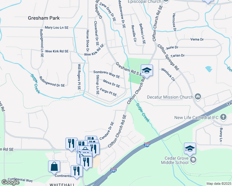 map of restaurants, bars, coffee shops, grocery stores, and more near 2054 Fargo Place Southeast in Atlanta