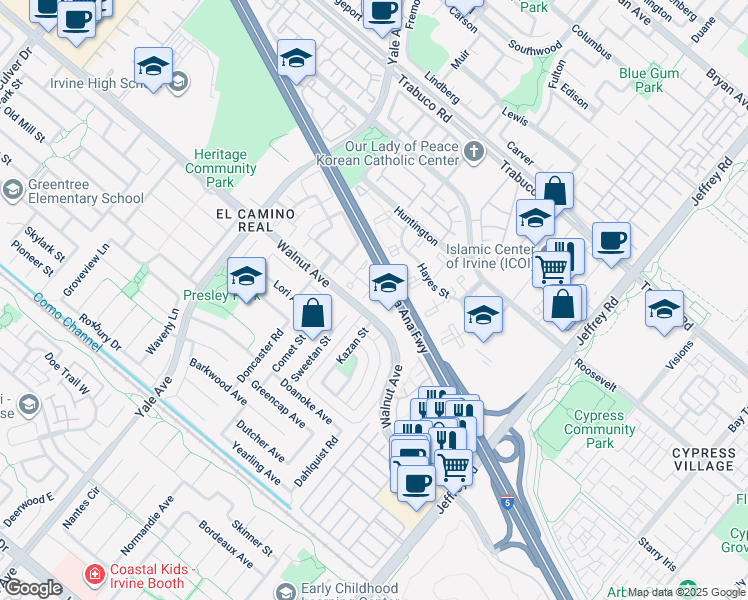 map of restaurants, bars, coffee shops, grocery stores, and more near in Irvine