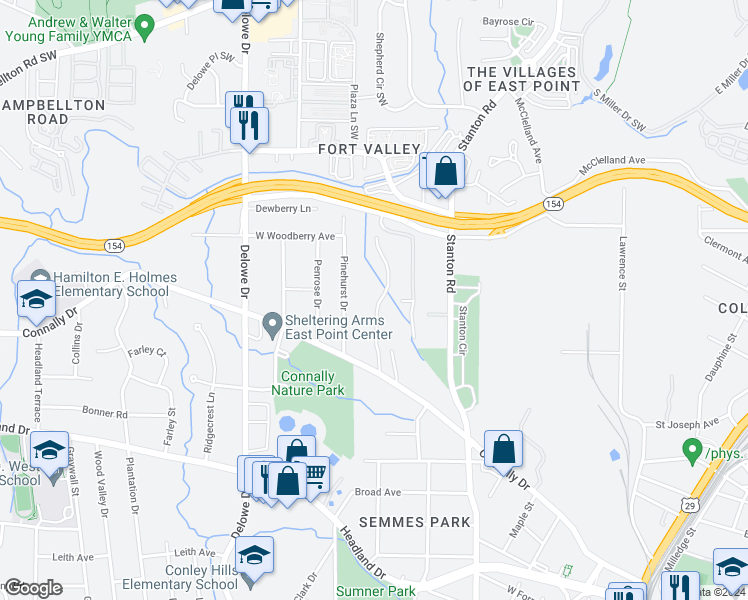 map of restaurants, bars, coffee shops, grocery stores, and more near 2183 Westover Drive in East Point