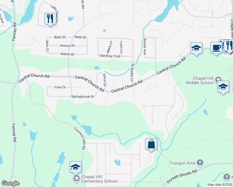 map of restaurants, bars, coffee shops, grocery stores, and more near 4790 Central Church Road in Douglasville