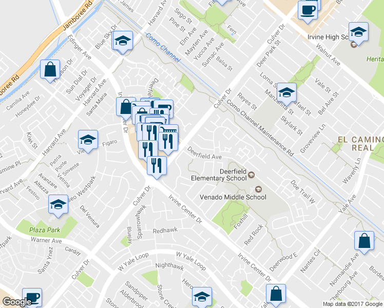 map of restaurants, bars, coffee shops, grocery stores, and more near 14 Woodrush in Irvine