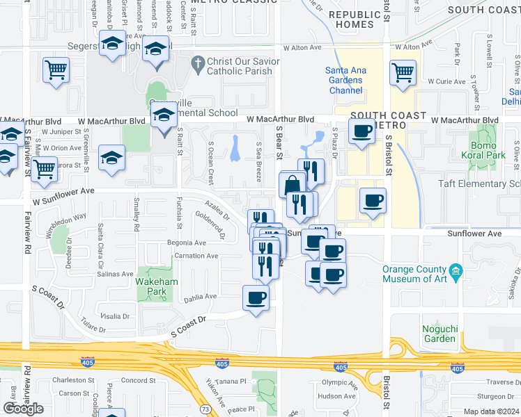 map of restaurants, bars, coffee shops, grocery stores, and more near 886 Bear Creek in Costa Mesa