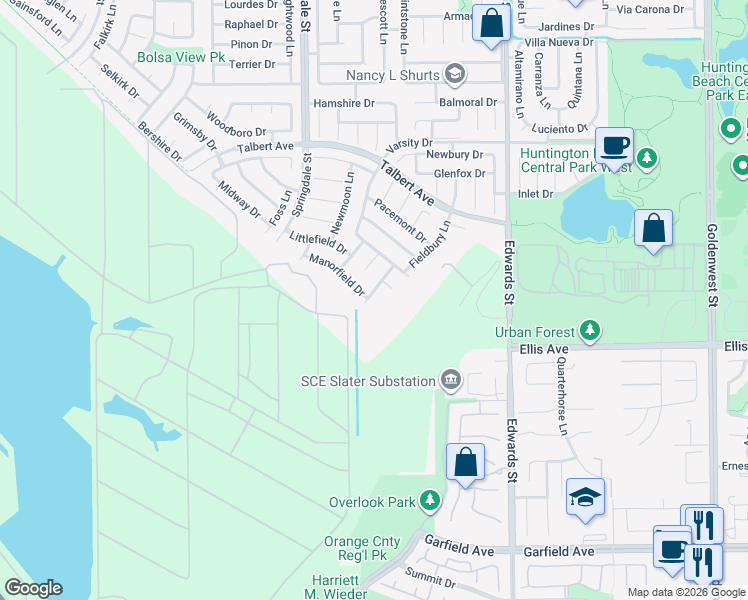map of restaurants, bars, coffee shops, grocery stores, and more near 6121 Manorfield Drive in Huntington Beach