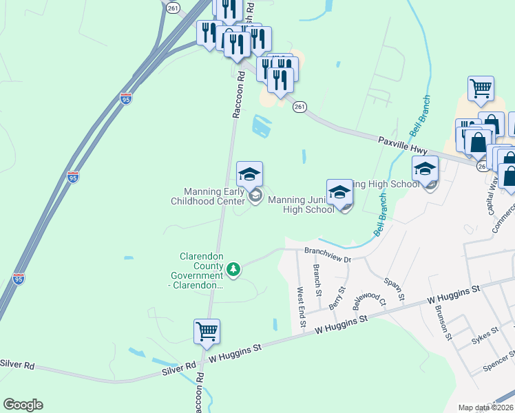 map of restaurants, bars, coffee shops, grocery stores, and more near 2284 Raccoon Road in Manning