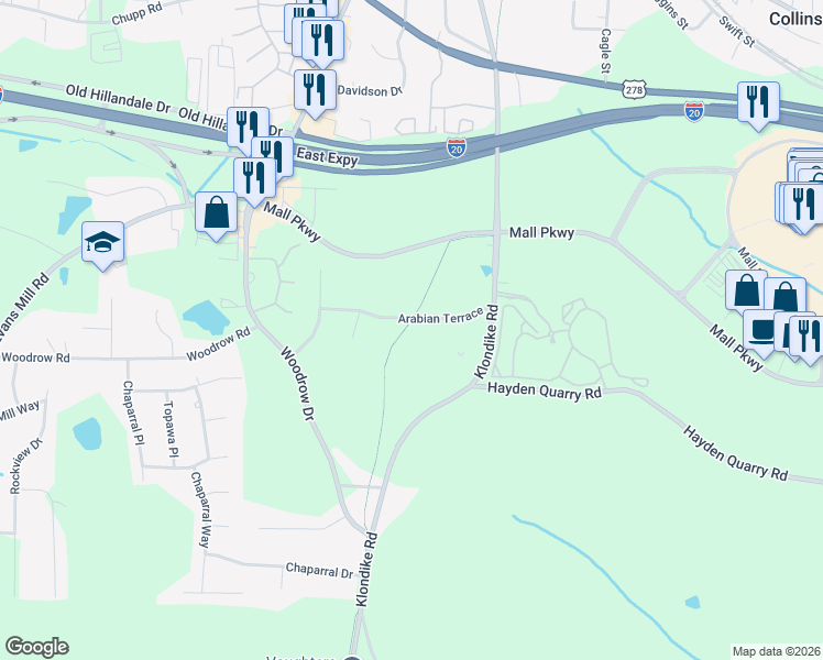map of restaurants, bars, coffee shops, grocery stores, and more near 6799 Arabian Terrace in Stonecrest