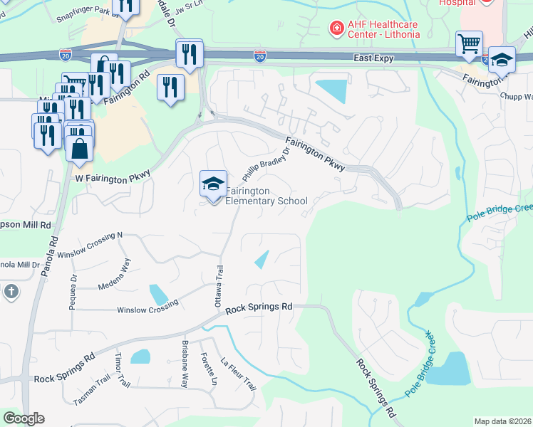 map of restaurants, bars, coffee shops, grocery stores, and more near 5614 Fair Creek Way in Stonecrest