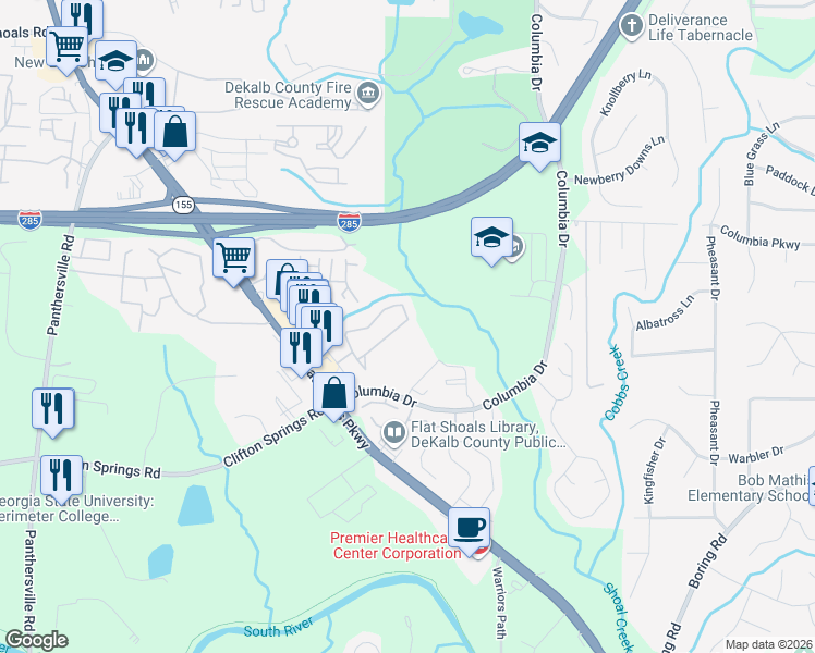 map of restaurants, bars, coffee shops, grocery stores, and more near 2837 Vining Ridge Terrace in Decatur