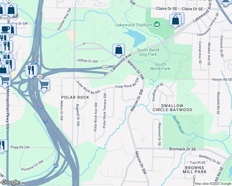 map of restaurants, bars, coffee shops, grocery stores, and more near 136 Polar Rock Road Southwest in Atlanta