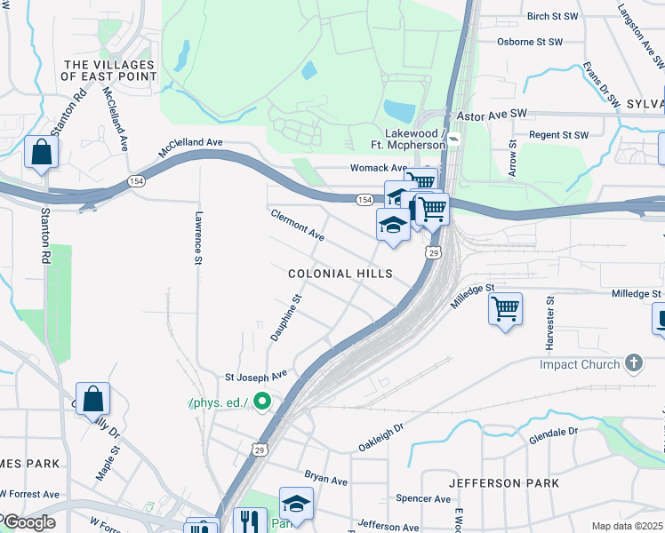 map of restaurants, bars, coffee shops, grocery stores, and more near 1408 Clermont Avenue in East Point