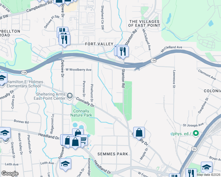 map of restaurants, bars, coffee shops, grocery stores, and more near 2156 Pointview Drive in East Point