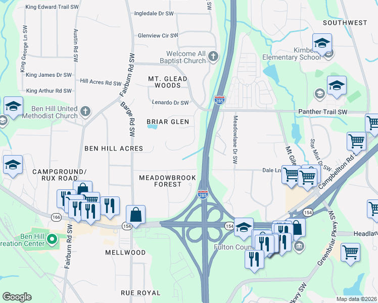 map of restaurants, bars, coffee shops, grocery stores, and more near 2119 Briar Glen Lane Southwest in Atlanta