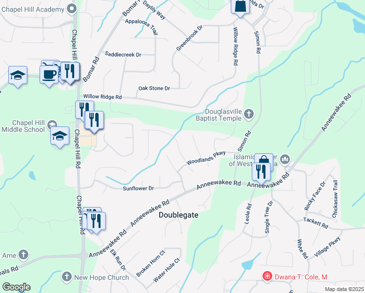 map of restaurants, bars, coffee shops, grocery stores, and more near 4066 Harvest Ridge Drive in Douglasville
