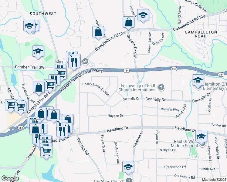 map of restaurants, bars, coffee shops, grocery stores, and more near 2715 Bonnybrook Drive Southwest in Atlanta