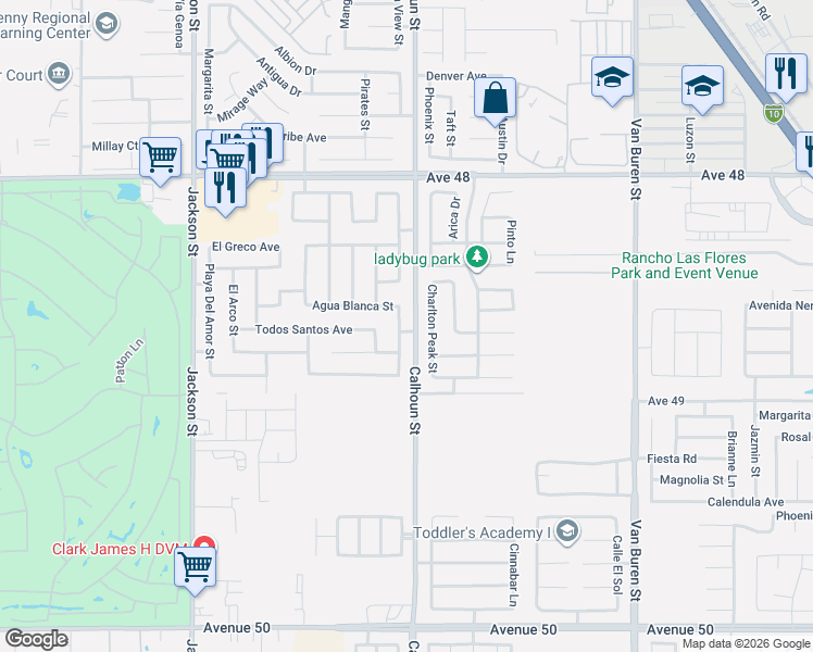 map of restaurants, bars, coffee shops, grocery stores, and more near 48734 Chichen Itza Road in Coachella