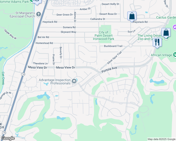map of restaurants, bars, coffee shops, grocery stores, and more near 48641 Palo Verde Court in Palm Desert