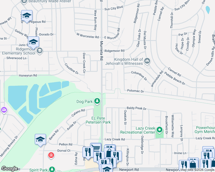 map of restaurants, bars, coffee shops, grocery stores, and more near 29260 Camino Del Sol Este in Menifee