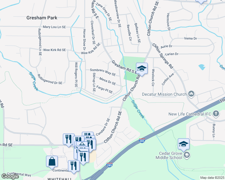 map of restaurants, bars, coffee shops, grocery stores, and more near 2061 Mesa Drive Southeast in Atlanta