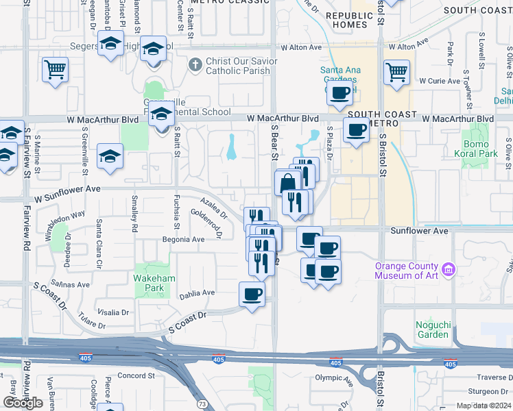 map of restaurants, bars, coffee shops, grocery stores, and more near in Costa Mesa