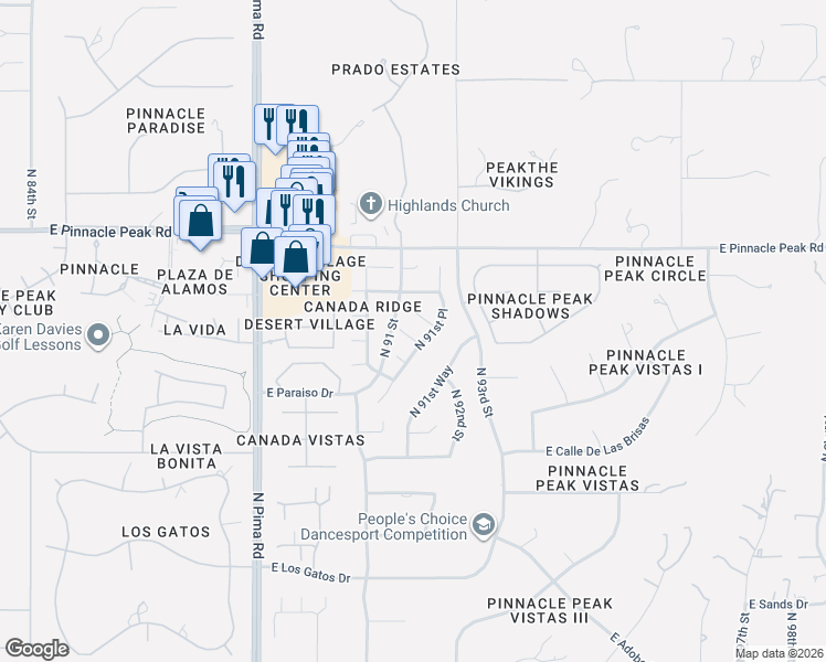 map of restaurants, bars, coffee shops, grocery stores, and more near 9120 East Calle De Valle Drive in Scottsdale