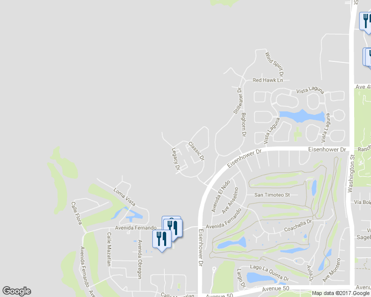 map of restaurants, bars, coffee shops, grocery stores, and more near 48573 Classic Drive in La Quinta