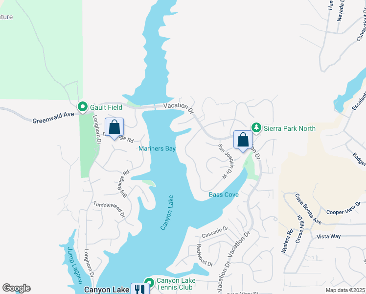 map of restaurants, bars, coffee shops, grocery stores, and more near San Joaquin Drive West in Canyon Lake
