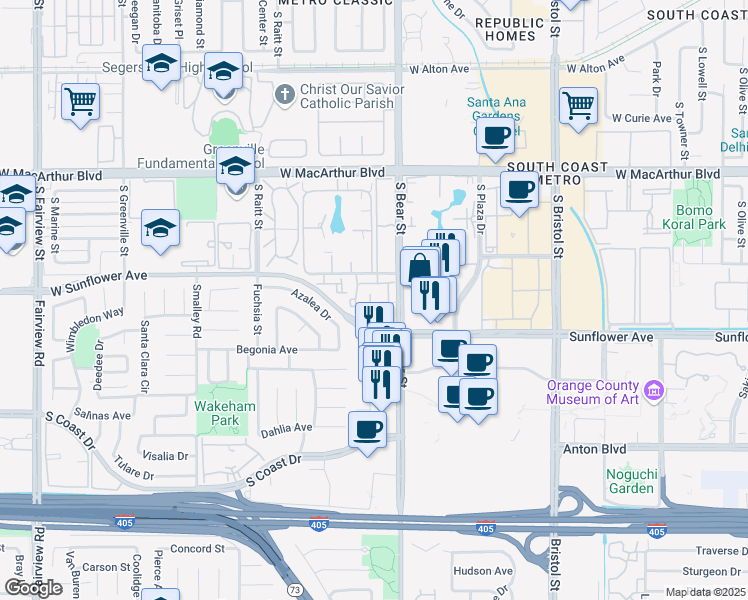 map of restaurants, bars, coffee shops, grocery stores, and more near 3431 Timber Lake in Costa Mesa