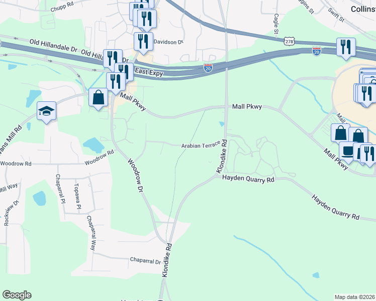map of restaurants, bars, coffee shops, grocery stores, and more near 6799 Arabian Terrace in Stonecrest