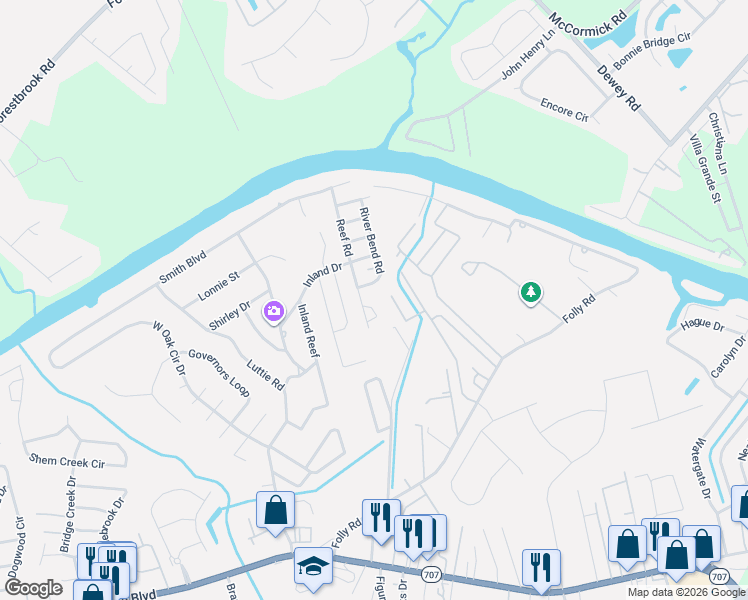 map of restaurants, bars, coffee shops, grocery stores, and more near 619 Reef Road in Myrtle Beach