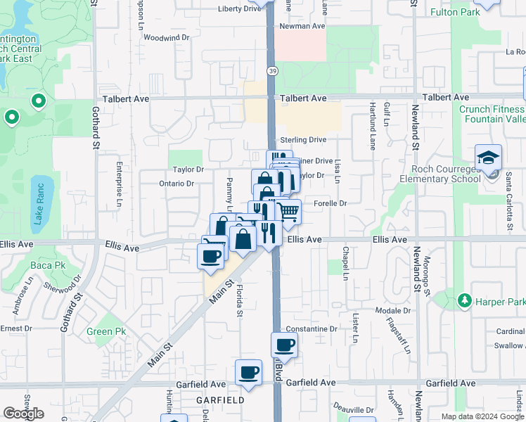 map of restaurants, bars, coffee shops, grocery stores, and more near 18377 Beach Boulevard in Huntington Beach