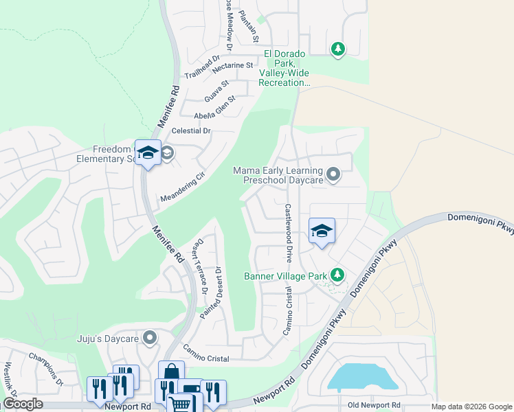 map of restaurants, bars, coffee shops, grocery stores, and more near 29281 El Presidio Lane in Menifee