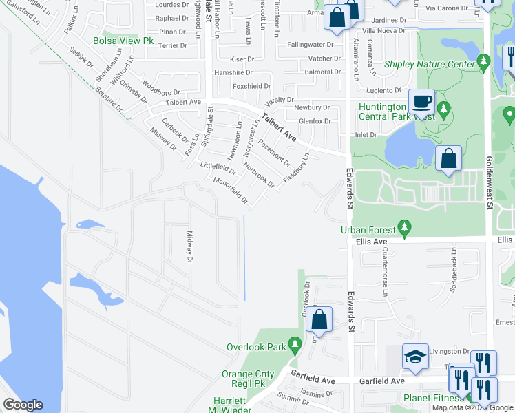 map of restaurants, bars, coffee shops, grocery stores, and more near 18402 Oxboro Lane in Huntington Beach