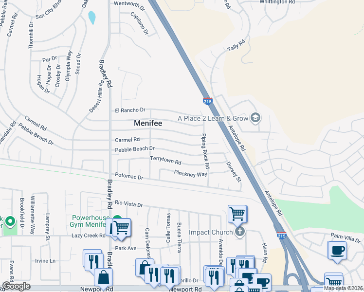map of restaurants, bars, coffee shops, grocery stores, and more near 30069 Carmel Road in Menifee