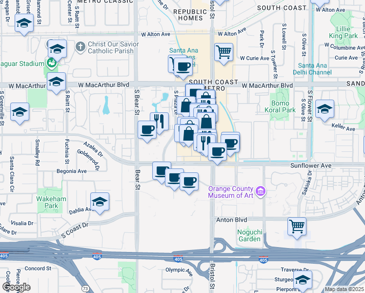 map of restaurants, bars, coffee shops, grocery stores, and more near 3911 South Plaza Drive in Santa Ana