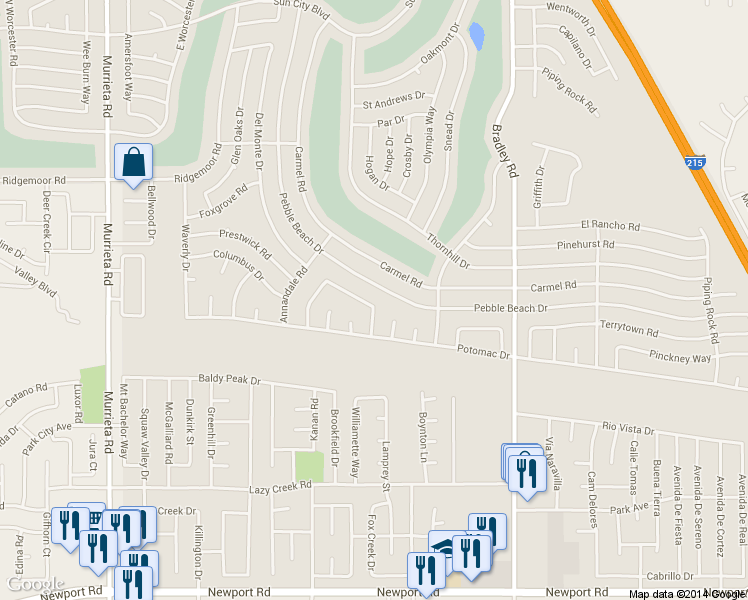 map of restaurants, bars, coffee shops, grocery stores, and more near 26640 Braddock Road in Sun City