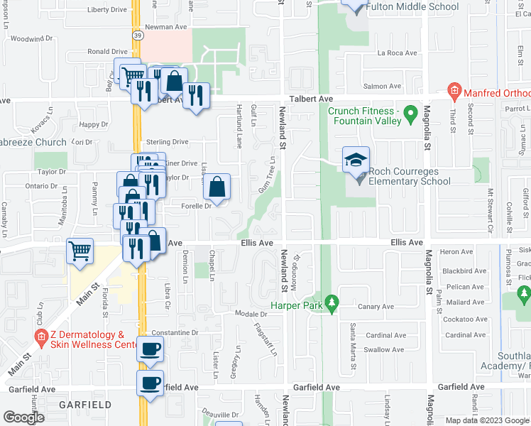 map of restaurants, bars, coffee shops, grocery stores, and more near 8452 Oakstone Circle in Huntington Beach