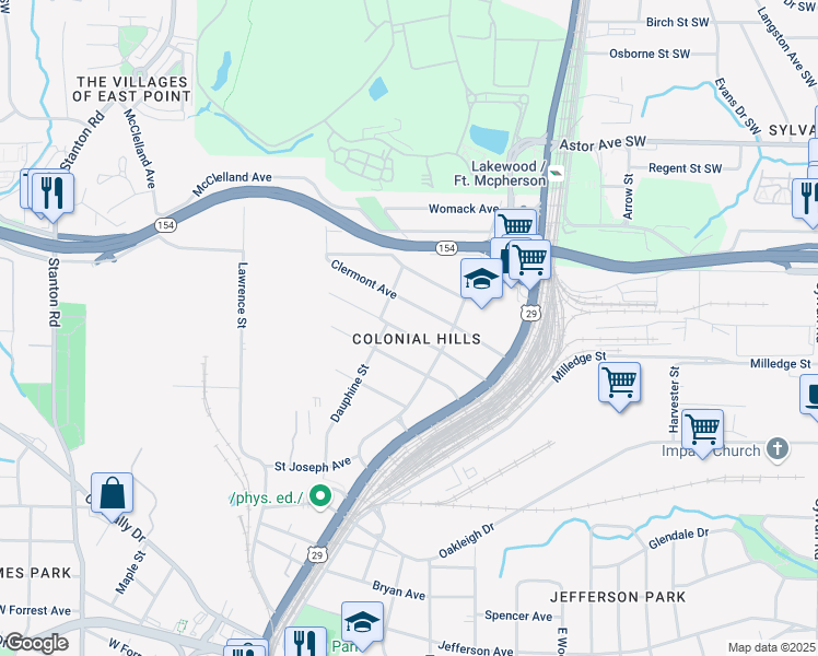 map of restaurants, bars, coffee shops, grocery stores, and more near 1405 Elizabeth Lane in East Point