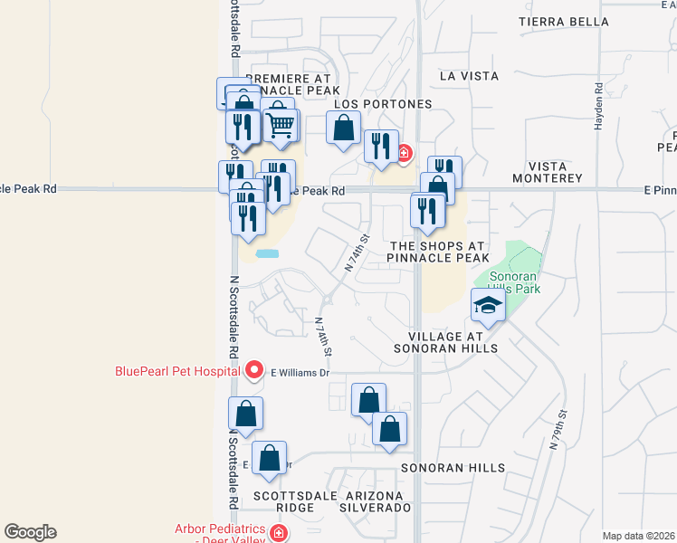 map of restaurants, bars, coffee shops, grocery stores, and more near 7340 E. Paraiso Dr in Scottsdale