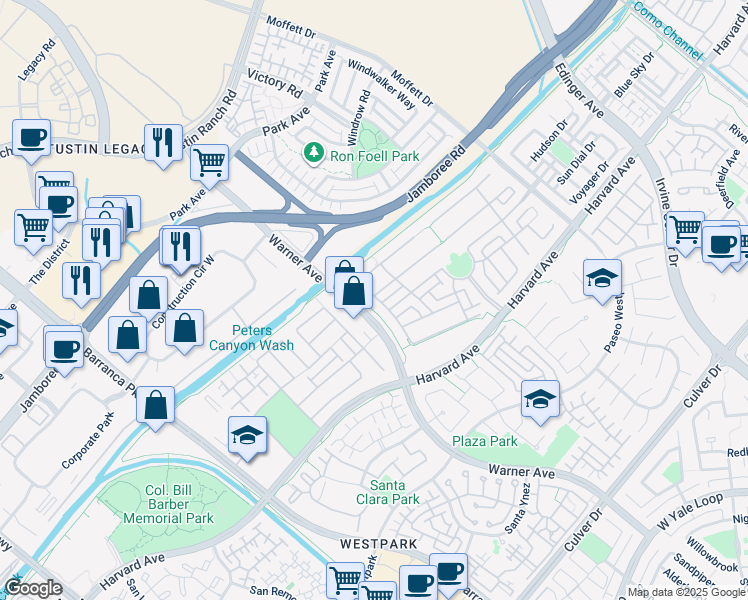 map of restaurants, bars, coffee shops, grocery stores, and more near 3229 Larkspur Street in Tustin