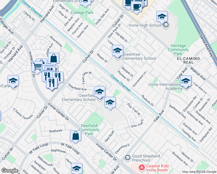 map of restaurants, bars, coffee shops, grocery stores, and more near 26 Fawn Glen East in Irvine