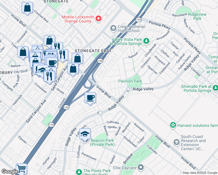 map of restaurants, bars, coffee shops, grocery stores, and more near 263 Wicker in Irvine