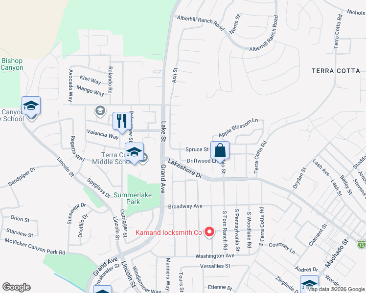 map of restaurants, bars, coffee shops, grocery stores, and more near 3274 Spruce Street in Lake Elsinore