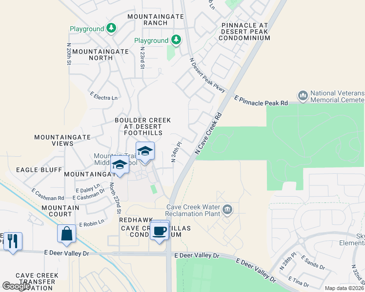 map of restaurants, bars, coffee shops, grocery stores, and more near 2425 East Paraiso Drive in Phoenix