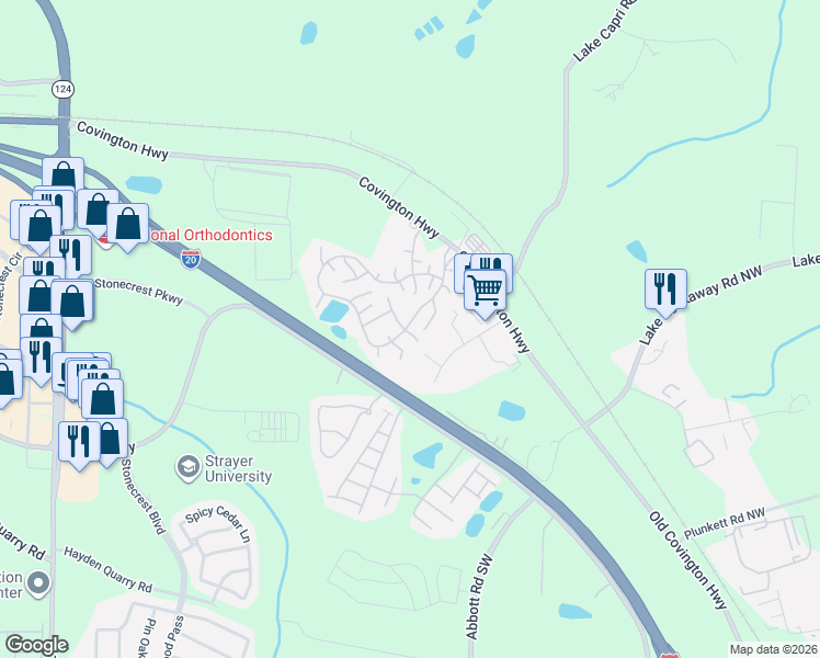 map of restaurants, bars, coffee shops, grocery stores, and more near 7915 Covington Highway in Conyers