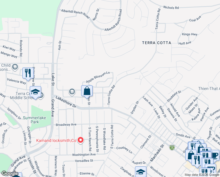 map of restaurants, bars, coffee shops, grocery stores, and more near 3531 Cherry Blossom Lane in Lake Elsinore