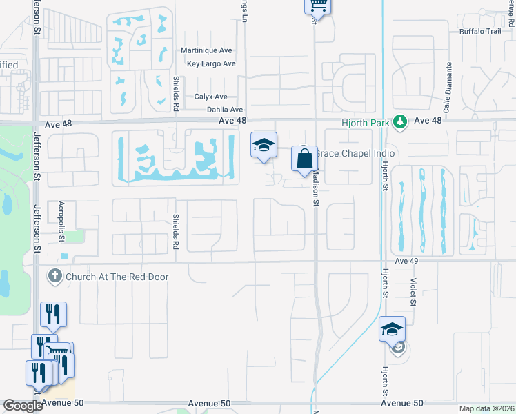 map of restaurants, bars, coffee shops, grocery stores, and more near 48608 Sojourn Street in Indio