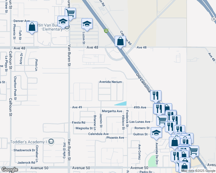 map of restaurants, bars, coffee shops, grocery stores, and more near 84121 Avenida Nerium in Coachella