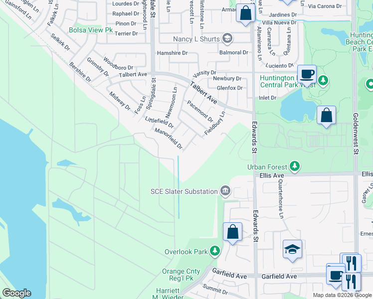 map of restaurants, bars, coffee shops, grocery stores, and more near 18402 Oxboro Lane in Huntington Beach