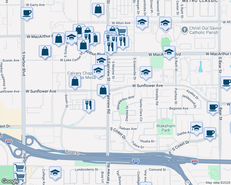 map of restaurants, bars, coffee shops, grocery stores, and more near 1166 Kingston Street in Costa Mesa